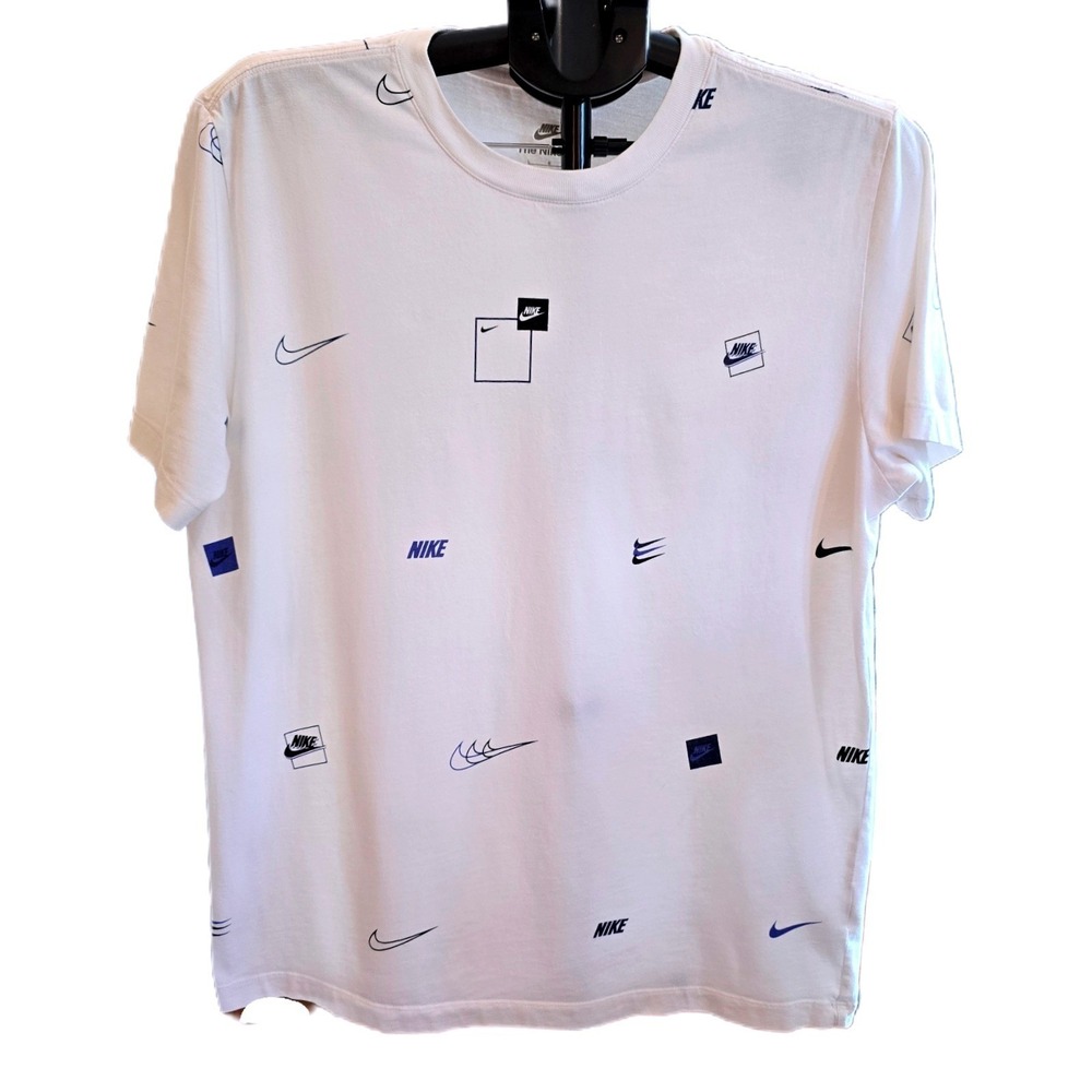 Nike Sportswear Mens Tee Shirt Large L White All Over Graphic Multi Swoosh Print